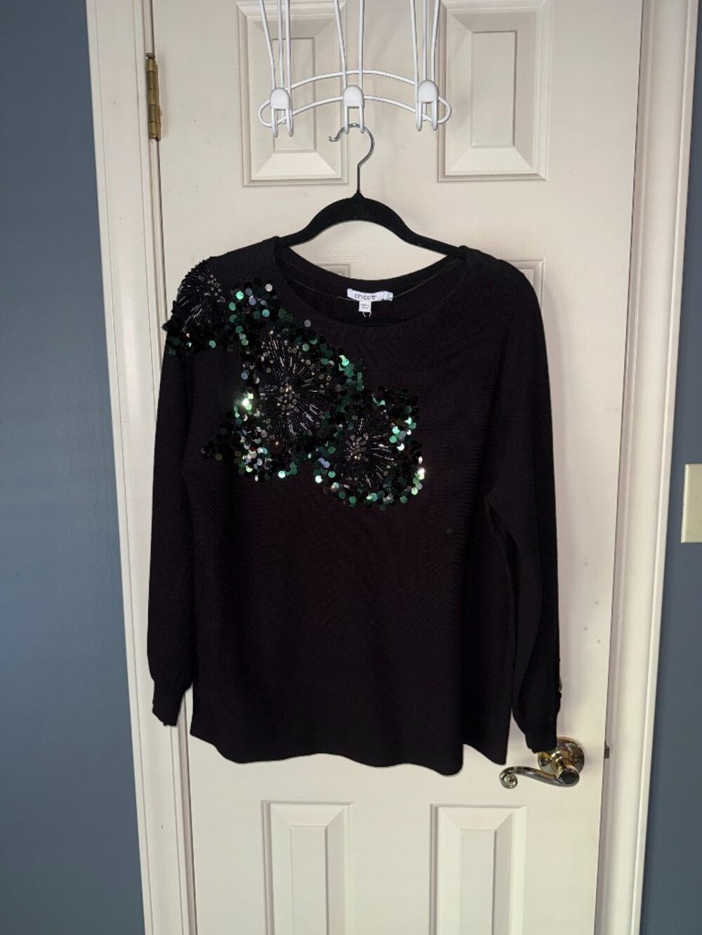 Chico’s Black Sequin & Beaded Floral Sweater — Size 2 — NWT